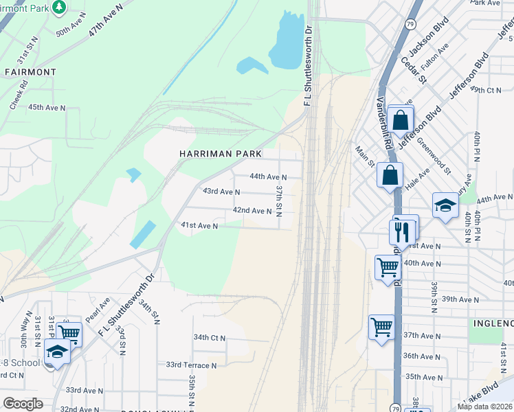 map of restaurants, bars, coffee shops, grocery stores, and more near 3661 43rd Avenue North in Birmingham