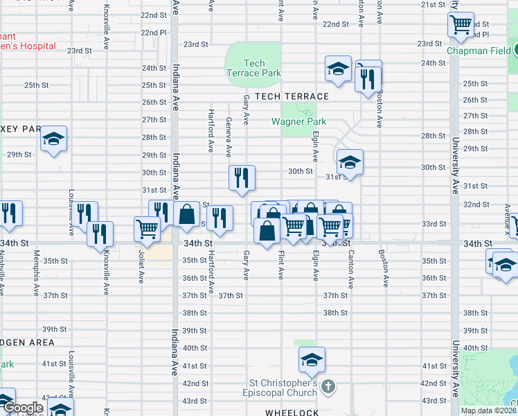 map of restaurants, bars, coffee shops, grocery stores, and more near 3116 32nd Street in Lubbock