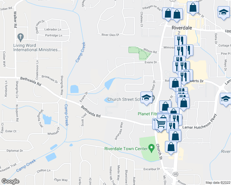 map of restaurants, bars, coffee shops, grocery stores, and more near 6893 Cheswick Drive in Riverdale