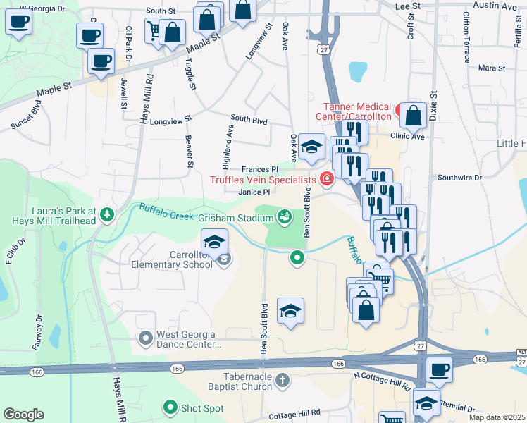 map of restaurants, bars, coffee shops, grocery stores, and more near 202 Trojan Drive in Carrollton