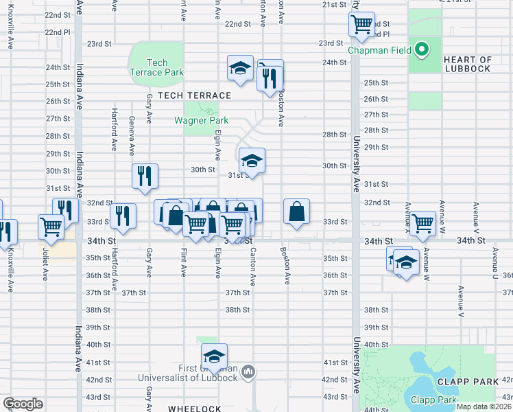 map of restaurants, bars, coffee shops, grocery stores, and more near 3102 Canton Avenue in Lubbock