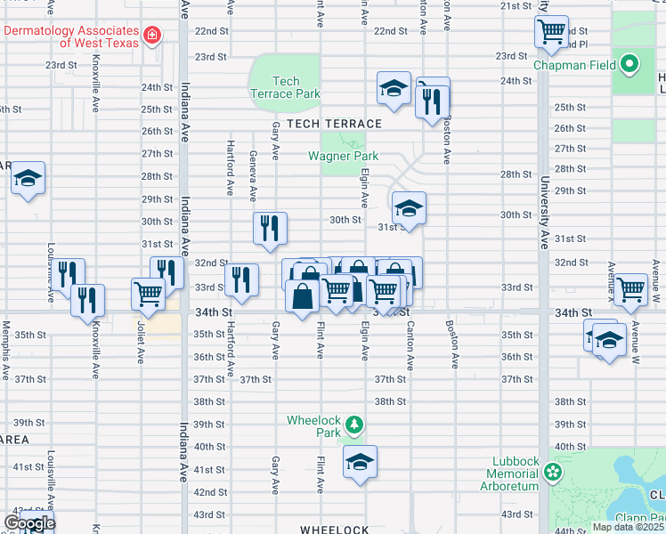 map of restaurants, bars, coffee shops, grocery stores, and more near 3008 32nd Street in Lubbock