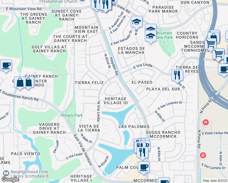 map of restaurants, bars, coffee shops, grocery stores, and more near 8175 East Del Marino Drive in Scottsdale