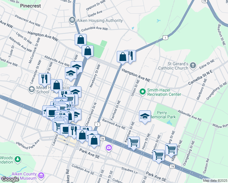 map of restaurants, bars, coffee shops, grocery stores, and more near 356 York Street Northeast in Aiken