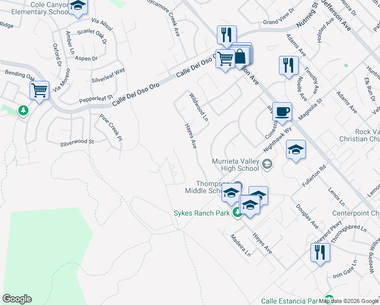 map of restaurants, bars, coffee shops, grocery stores, and more near 23843 Hayes Avenue in Murrieta