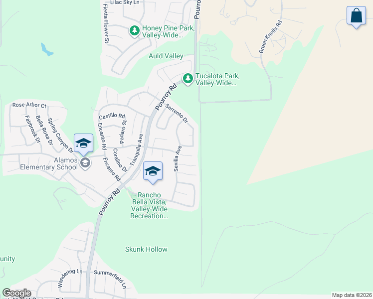 map of restaurants, bars, coffee shops, grocery stores, and more near 38230 Camarada Lane in Murrieta