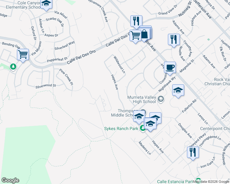 map of restaurants, bars, coffee shops, grocery stores, and more near 23843 Hayes Avenue in Murrieta