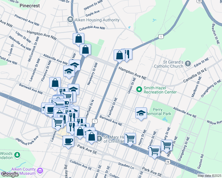 map of restaurants, bars, coffee shops, grocery stores, and more near 356 York Street Northeast in Aiken