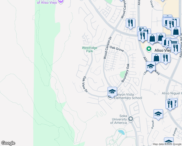 map of restaurants, bars, coffee shops, grocery stores, and more near 26 Trail Canyon Drive in Aliso Viejo