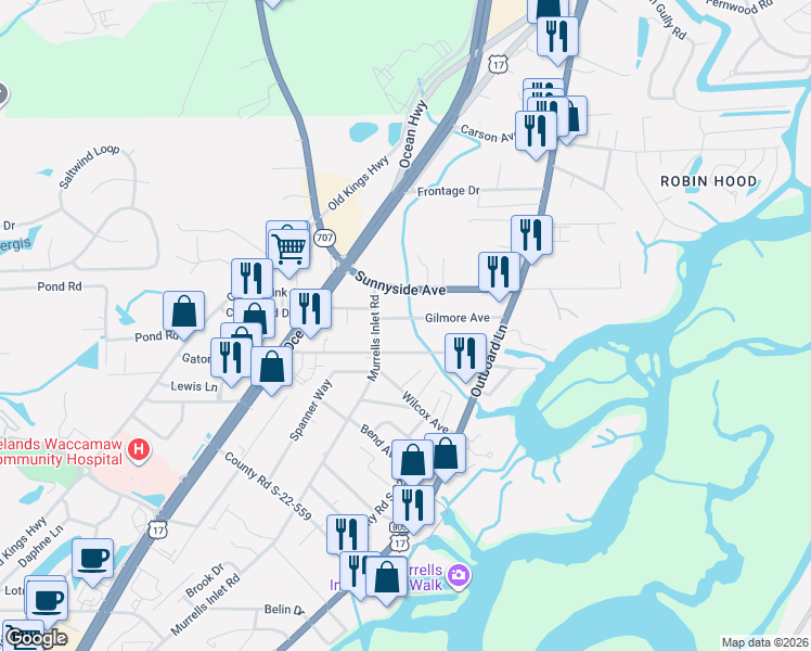 map of restaurants, bars, coffee shops, grocery stores, and more near 554 Gilmore Avenue in Murrells Inlet