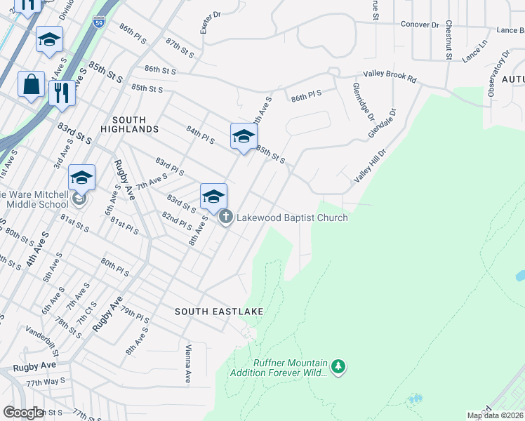 map of restaurants, bars, coffee shops, grocery stores, and more near 8348 10th Avenue South in Birmingham