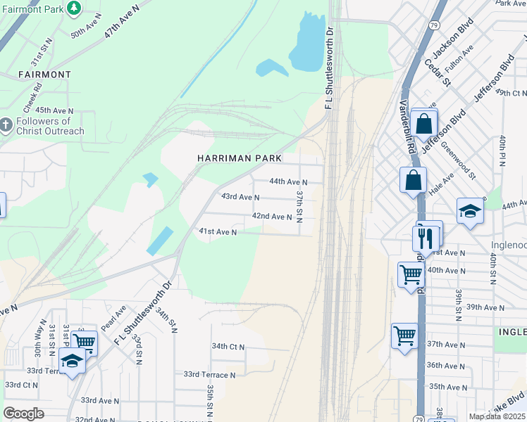 map of restaurants, bars, coffee shops, grocery stores, and more near 3613 43rd Avenue North in Birmingham