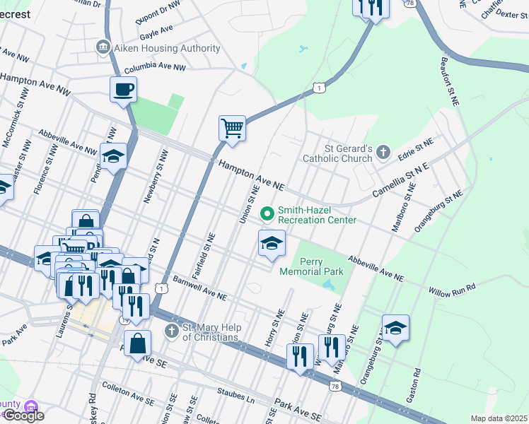 map of restaurants, bars, coffee shops, grocery stores, and more near 411 Kershaw Street Northeast in Aiken