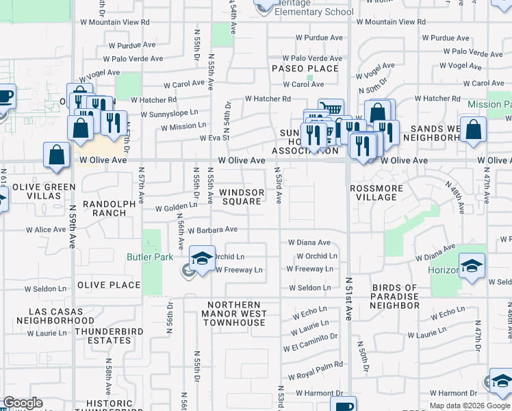 map of restaurants, bars, coffee shops, grocery stores, and more near 5314 West Golden Lane in Glendale