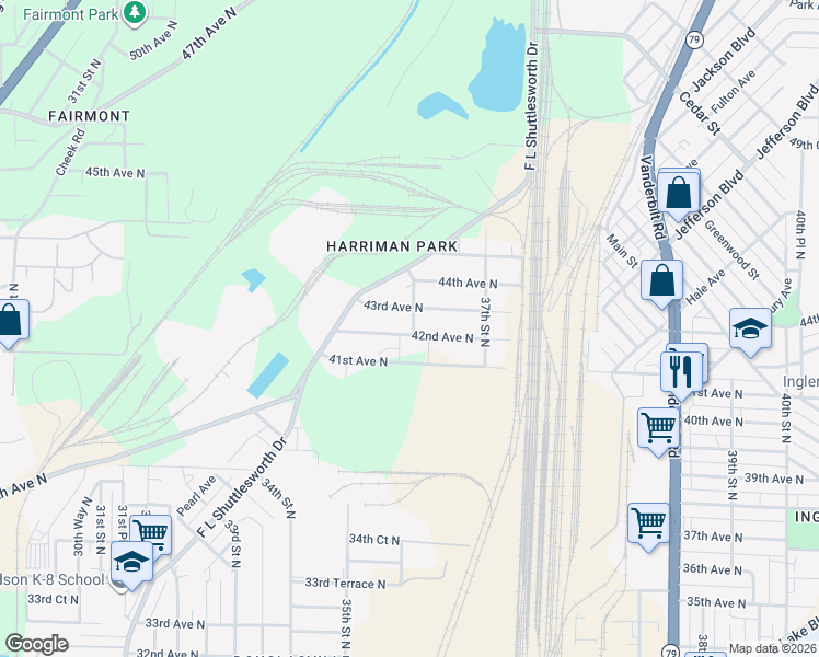 map of restaurants, bars, coffee shops, grocery stores, and more near 3613 43rd Avenue North in Birmingham
