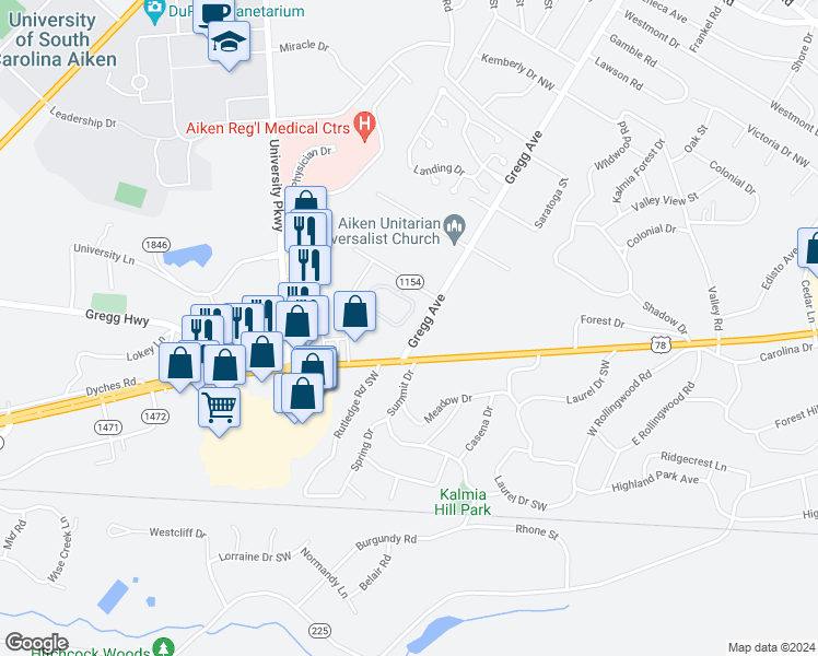 map of restaurants, bars, coffee shops, grocery stores, and more near 164 Governors Lane Northwest in Aiken