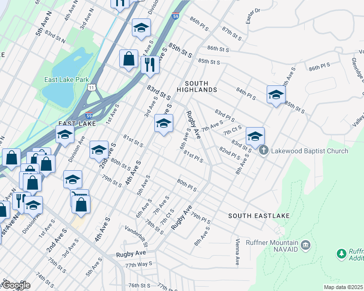 map of restaurants, bars, coffee shops, grocery stores, and more near 8132 6th Avenue South in Birmingham
