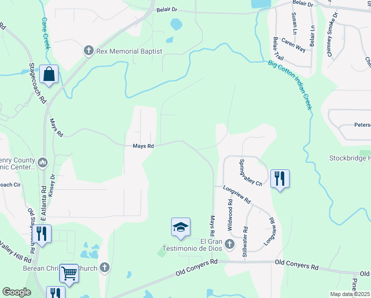 map of restaurants, bars, coffee shops, grocery stores, and more near 349 Mays Road in Stockbridge