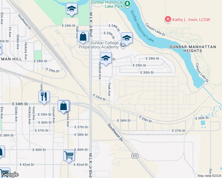 map of restaurants, bars, coffee shops, grocery stores, and more near 3117 Teak Avenue in Lubbock