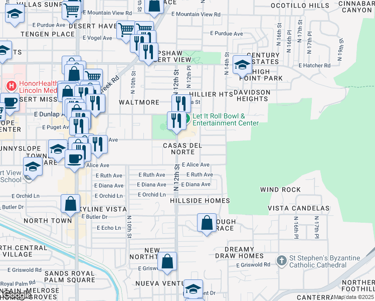 map of restaurants, bars, coffee shops, grocery stores, and more near 1217 East Townley Avenue in Phoenix