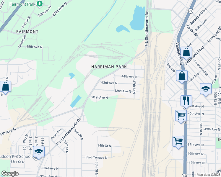 map of restaurants, bars, coffee shops, grocery stores, and more near 3541 43rd Avenue North in Birmingham