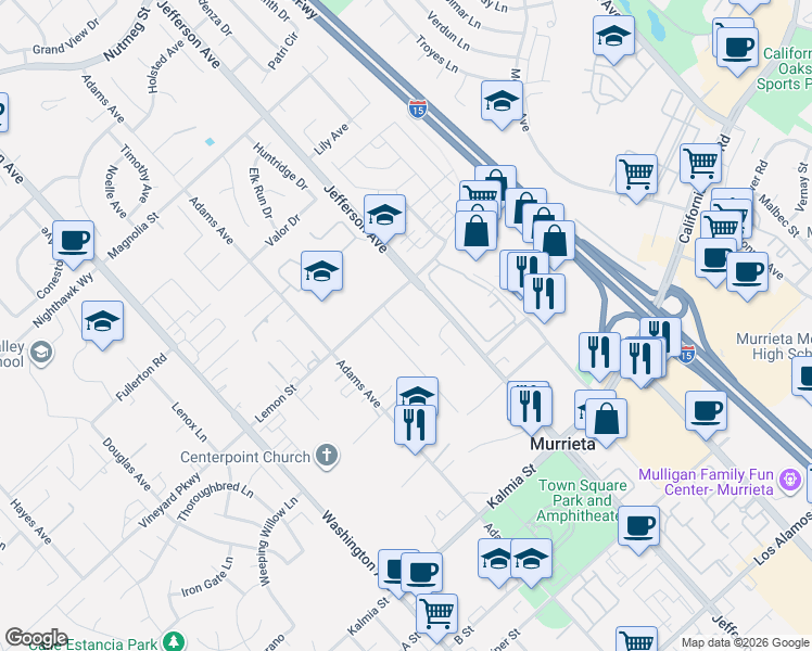 map of restaurants, bars, coffee shops, grocery stores, and more near 24420 Matteson Road in Murrieta