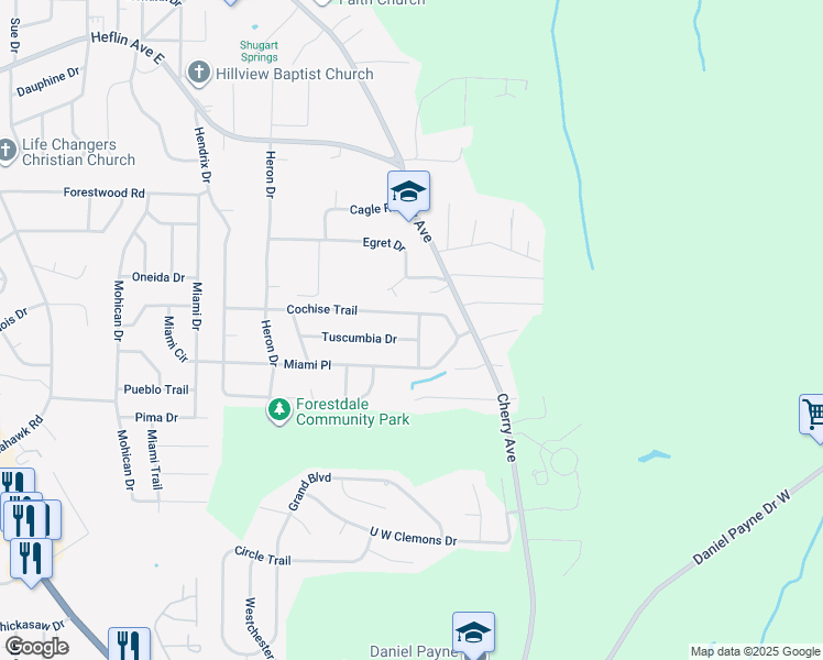 map of restaurants, bars, coffee shops, grocery stores, and more near 1418 Cochise Lane in Birmingham