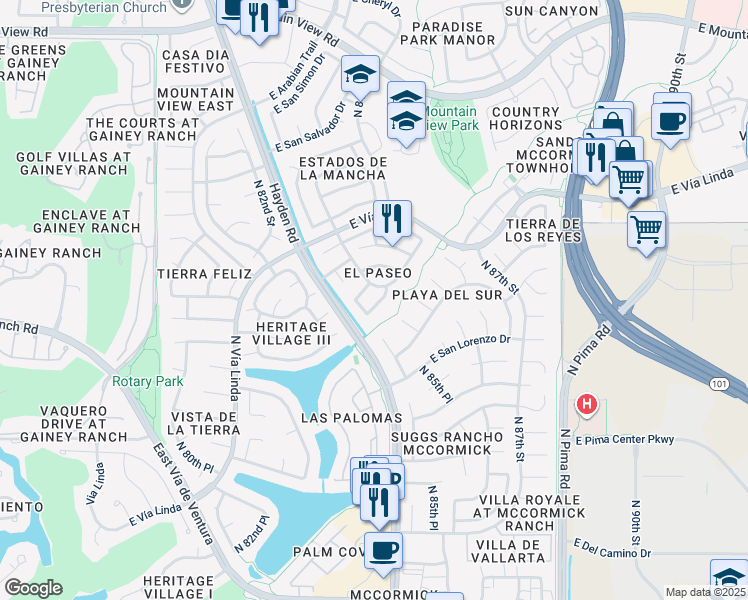map of restaurants, bars, coffee shops, grocery stores, and more near 8415 East San Pedro Drive in Scottsdale