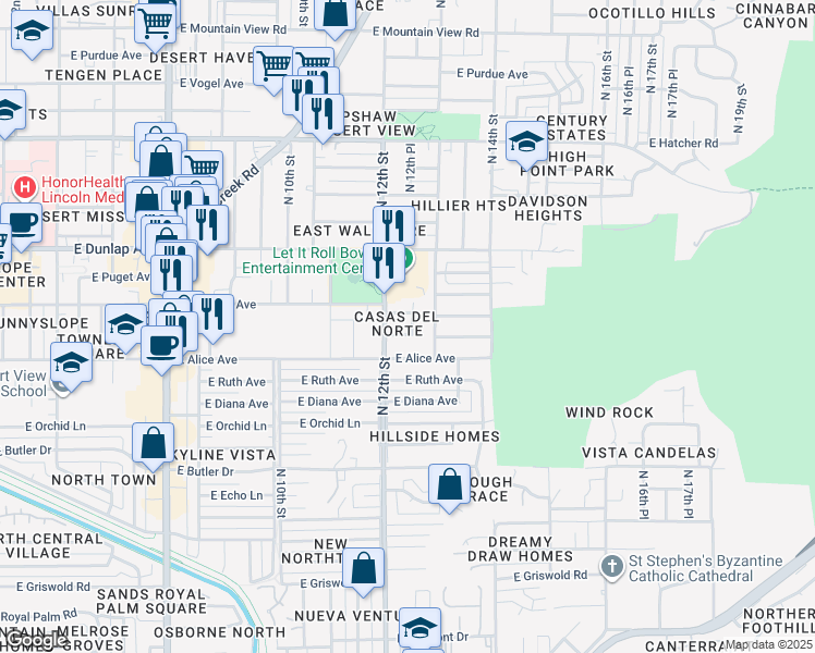 map of restaurants, bars, coffee shops, grocery stores, and more near 1217 East Townley Avenue in Phoenix