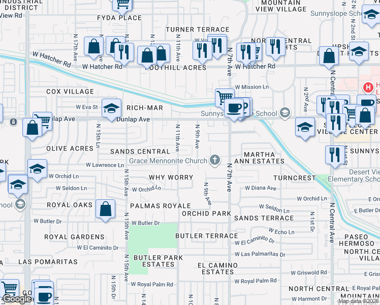 map of restaurants, bars, coffee shops, grocery stores, and more near 1008 West Golden Lane in Phoenix