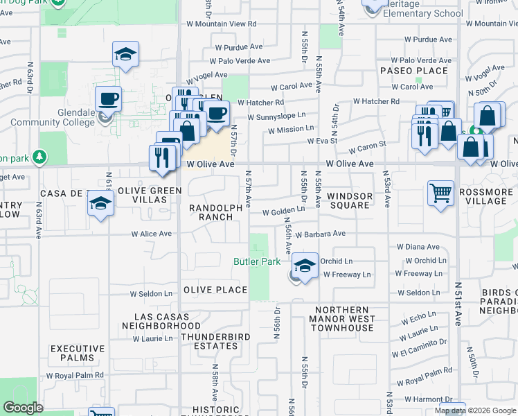 map of restaurants, bars, coffee shops, grocery stores, and more near 5667 West Townley Avenue in Glendale