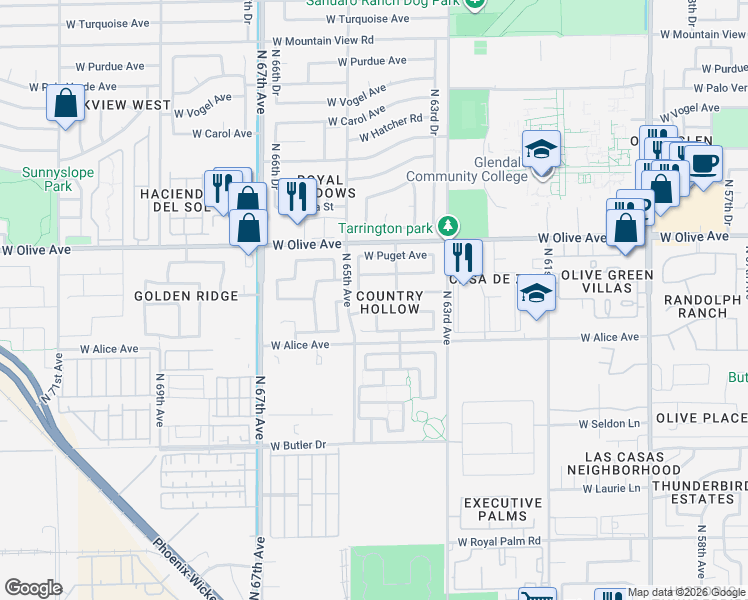 map of restaurants, bars, coffee shops, grocery stores, and more near 6456 West Golden Lane in Glendale