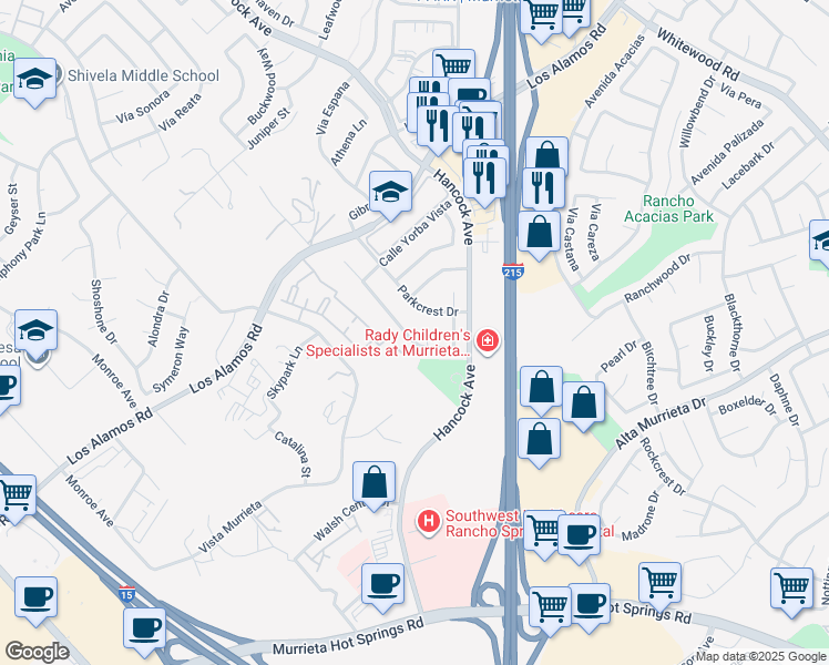map of restaurants, bars, coffee shops, grocery stores, and more near 25223 Parkcrest Drive in Murrieta