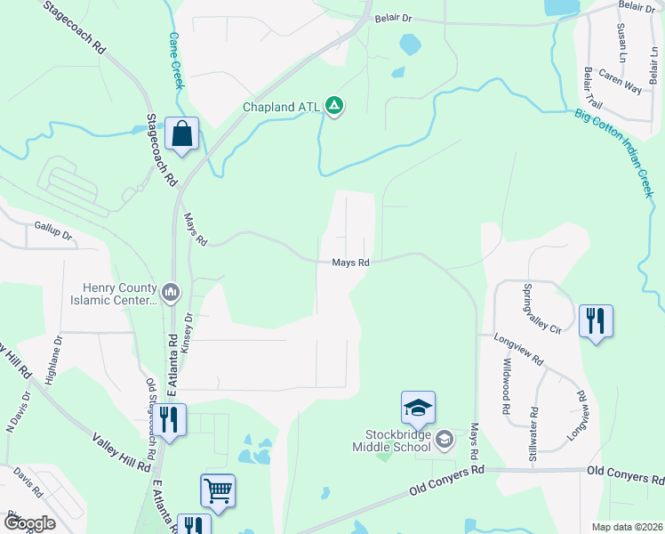 map of restaurants, bars, coffee shops, grocery stores, and more near 103 Mays Landing Road in Stockbridge