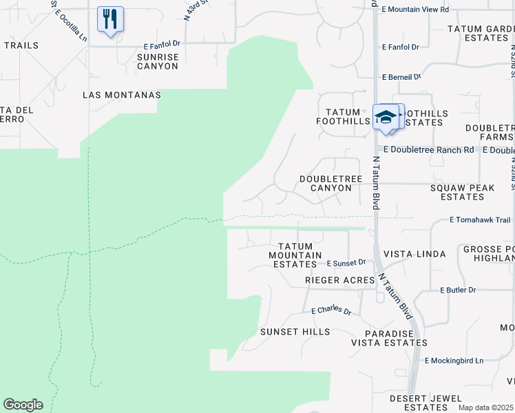 map of restaurants, bars, coffee shops, grocery stores, and more near 4425 East Horseshoe Road in Phoenix