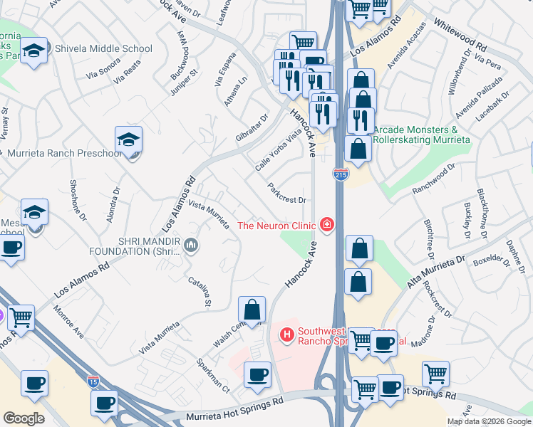 map of restaurants, bars, coffee shops, grocery stores, and more near 25213 Vía Las Lomas in Murrieta