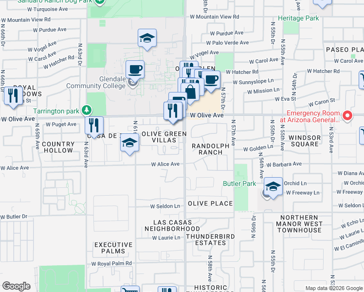 map of restaurants, bars, coffee shops, grocery stores, and more near 5904 West Townley Avenue in Glendale