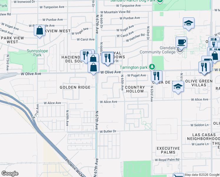 map of restaurants, bars, coffee shops, grocery stores, and more near 6618 West Golden Lane in Glendale