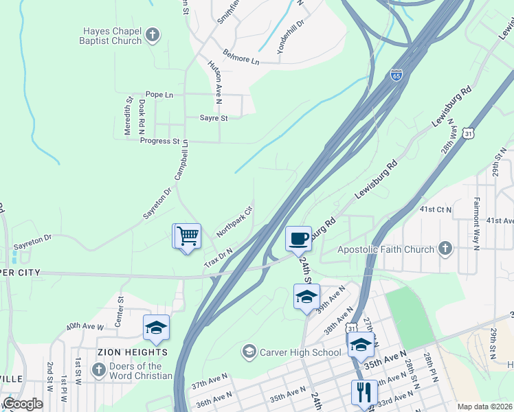 map of restaurants, bars, coffee shops, grocery stores, and more near 4165 22nd Street North in Birmingham