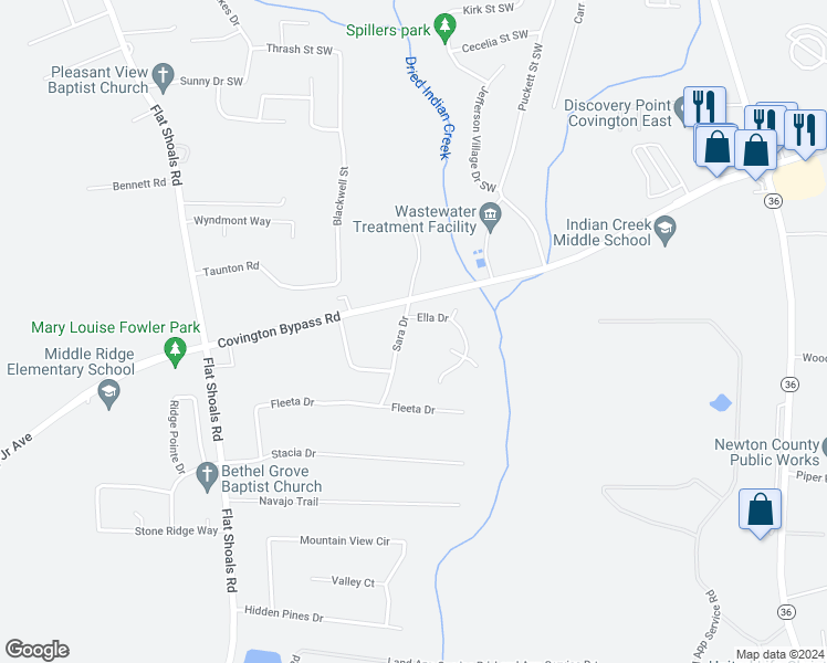 map of restaurants, bars, coffee shops, grocery stores, and more near 90 Sara Drive in Covington