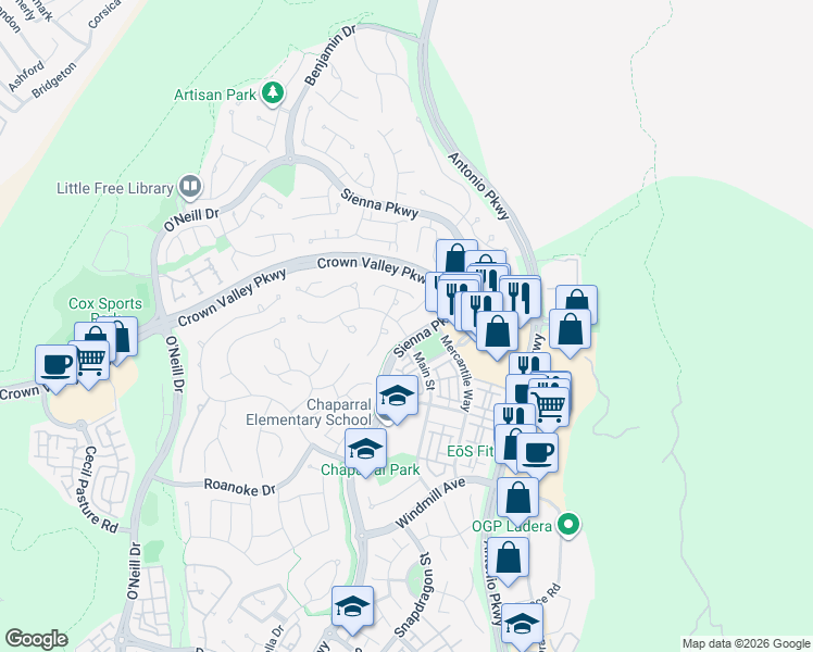 map of restaurants, bars, coffee shops, grocery stores, and more near 8 Reston Way in Ladera Ranch