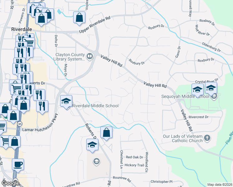 map of restaurants, bars, coffee shops, grocery stores, and more near 6926 Adel Lane in Riverdale