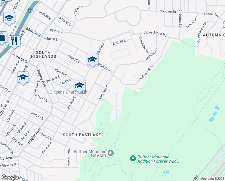 map of restaurants, bars, coffee shops, grocery stores, and more near 1015 84th Street South in Birmingham