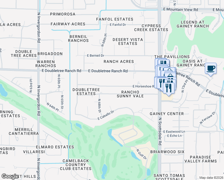 map of restaurants, bars, coffee shops, grocery stores, and more near 6840 East Sunnyvale Road in Paradise Valley