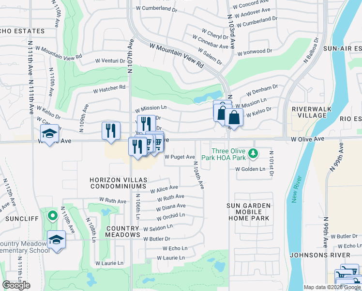 map of restaurants, bars, coffee shops, grocery stores, and more near 8930 North 104th Lane in Peoria