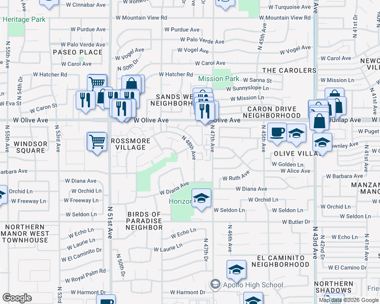 map of restaurants, bars, coffee shops, grocery stores, and more near 4818 West Townley Avenue in Glendale