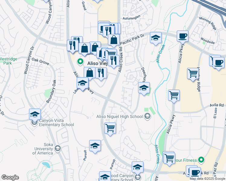 map of restaurants, bars, coffee shops, grocery stores, and more near 27374 Aliso Creek Road in Aliso Viejo