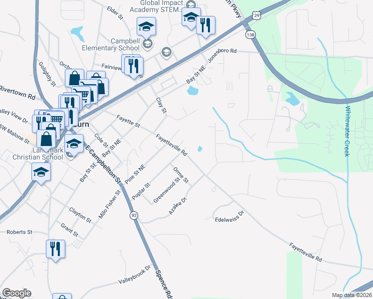 map of restaurants, bars, coffee shops, grocery stores, and more near 274 Fayetteville Road in Fairburn