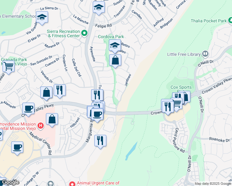 map of restaurants, bars, coffee shops, grocery stores, and more near 27182 Cedros in Mission Viejo