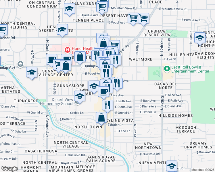map of restaurants, bars, coffee shops, grocery stores, and more near 8901 North 7th Street in Phoenix